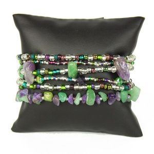 Czech Beaded 6 Strand Bracelet PURPLE GREEN SILVER